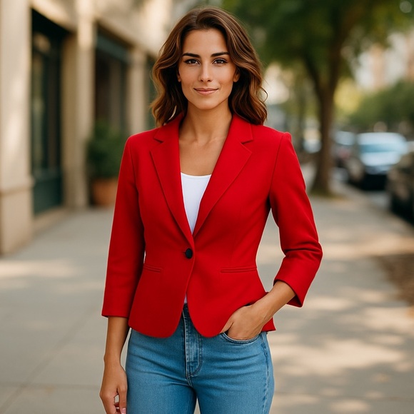 The Limited Jackets & Blazers - The Limited Red Polka Dot Fitted Stretch Blazer Jacket Small